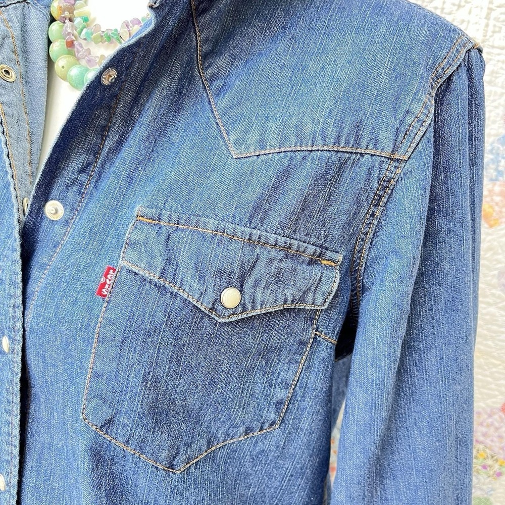 Upcycled Re-worked Levis Stretch Denim Snap Front Western Ruffle Collar Shirt M - Picture 3 of 10